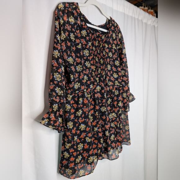 Free People Black Chiffon Floral Print Smocked Bust Boho Babydoll Mini Dress 6 - Picture 3 of 7